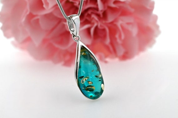 Blue Baltic Amber Pendant, Blue Stone Pendant, Small Amber Pendant, Sterling Silver, Amber & 925 Silver, Ocean Jewelry