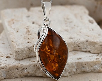 Shapely Genuine Amber Pendant, Baltic Amber, Luxury Jewelry, Sterling Silver Pendant