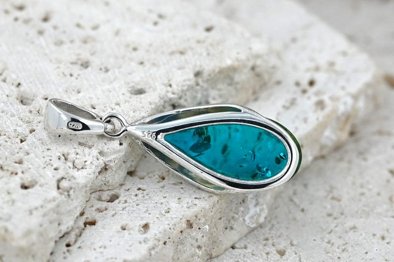 Blue Baltic Amber Pendant, Blue Stone Pendant, Small Amber Pendant, Sterling Silver, Amber & 925 Silver, Ocean Jewelry image 7