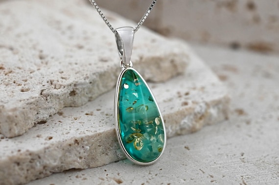 Blue Baltic Amber Pendant, Natural Blue Stone Pendant, Small Amber Drop Necklace, Sterling Silver, Amber & 925 Silver, Ocean Jewelry