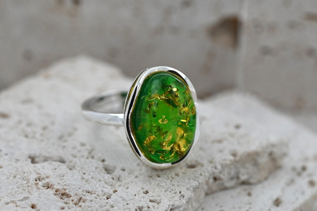 Sterling Silver & Baltic Green Amber Ring 'Dana' - Handcrafted Natural Amber Ring, One Of A Kind - View #4