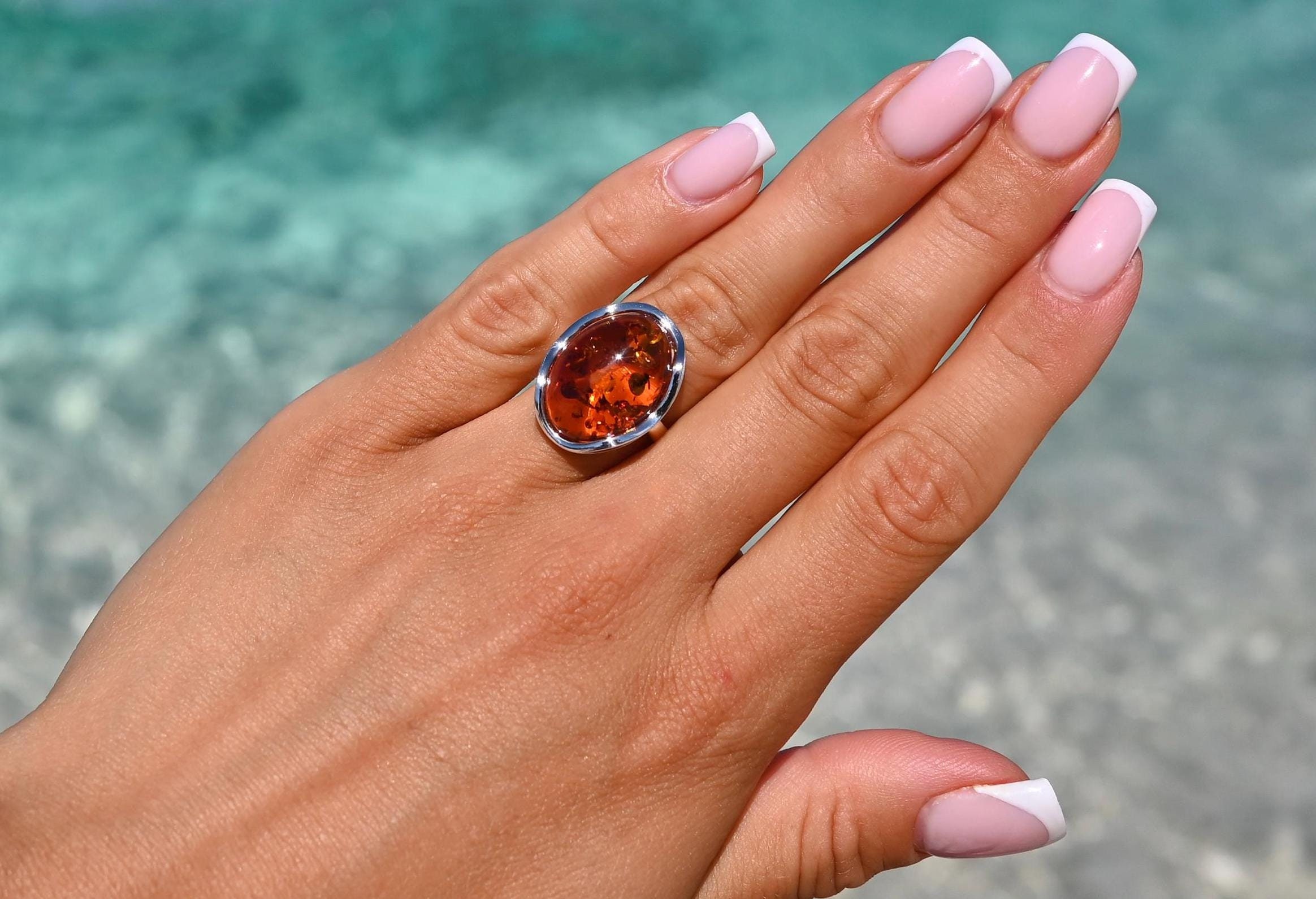 Natural Cognac Amber Ring, Genuine Baltic Amber, Honey Amber Stone, Amber Silver 925 Ring, Cognac Amber, Sterling Silver, Adjustable Ring