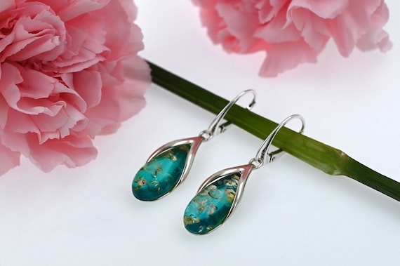 Blue Baltic Amber Earrings, Long Blue Stone Earrings, Amber and 925 Silver Sterling, Natural Gemstone Earrings, Azure Stone Jewelry