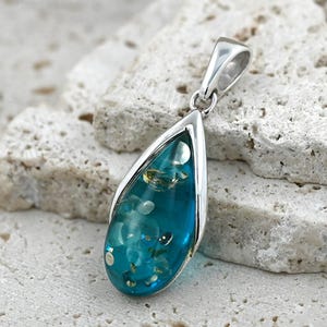 Blue Baltic Amber Pendant, Blue Stone Pendant, Small Amber Pendant, Sterling Silver, Amber & 925 Silver, Ocean Jewelry image 2