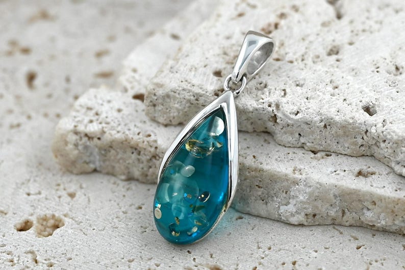 Blue Baltic Amber Pendant, Blue Stone Pendant, Small Amber Pendant, Sterling Silver, Amber & 925 Silver, Ocean Jewelry image 2