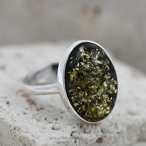 Genuine Green Amber Ring, Authentic Baltic Sea Amber, Sterling Silver 925, Oval Green Stone Ring, Natural Gemstone Jewelry, Adjustable Ring