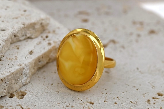 Natural Baltic Amber Ring, Yellow Amber Stone, Authentic Gemstone Jewelry, Milky Amber Ring, Gold-plated Sterling Silver, Adjustable Ring