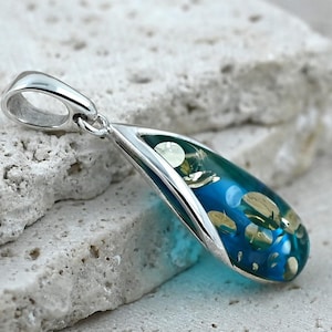 Blue Baltic Amber Pendant, Blue Stone Pendant, Small Amber Pendant, Sterling Silver, Amber & 925 Silver, Ocean Jewelry image 6
