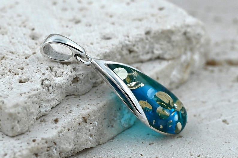 Blue Baltic Amber Pendant, Blue Stone Pendant, Small Amber Pendant, Sterling Silver, Amber & 925 Silver, Ocean Jewelry image 6