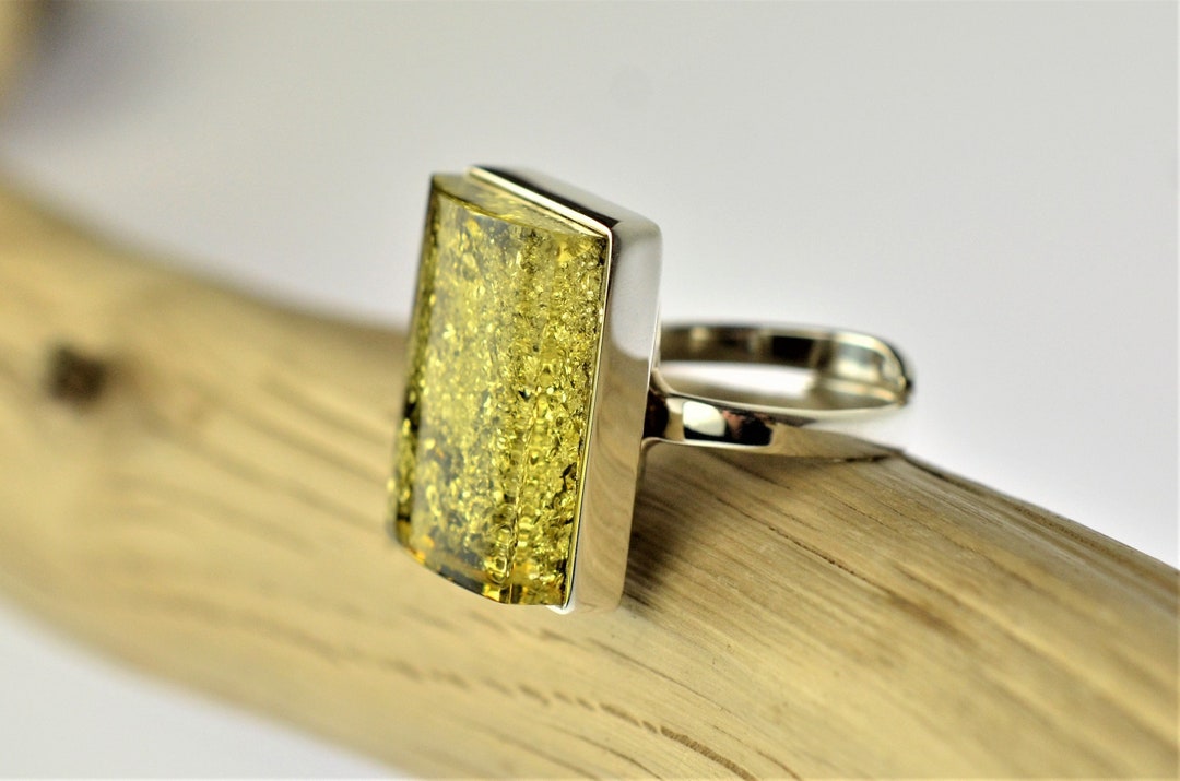 Rectangle Green Amber Ring, Genuine Baltic Amber, Green Amber Ring