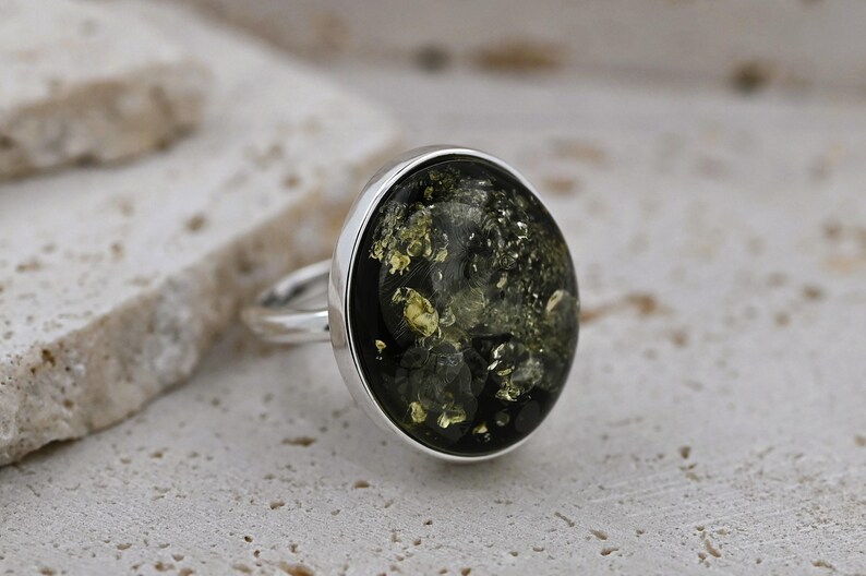 Dark Green Amber Ring, Natural Baltic Amber Ring, Green Gemstone