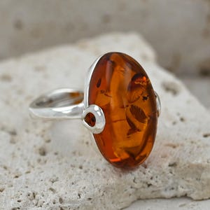 Natural Baltic Amber Ring, Cognac Amber Ring, Honey Stone Ring, Sterling Silver 925, Genuine Baltic Jewelry, Adjustable Ring