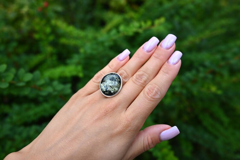 Dark Green Amber Ring, Natural Baltic Amber Ring, Green Gemstone