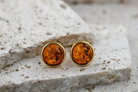 Amber Honey Bezel Set Round Stud Earrings Amber Honey Bezel Set Round Stud Earrings