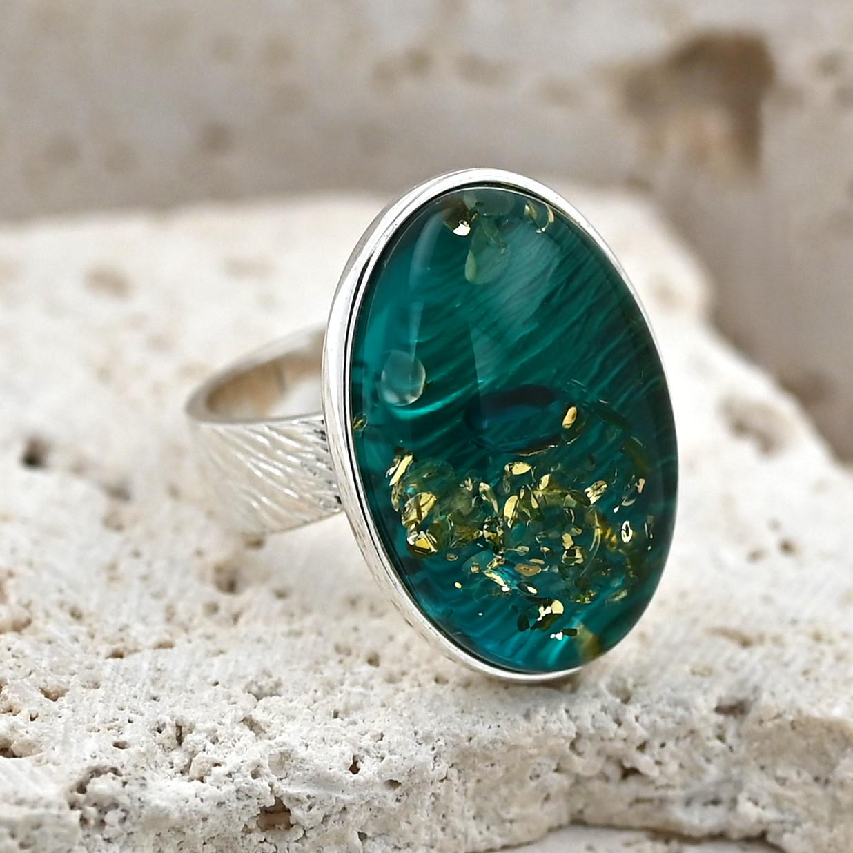 Bague En Ambre Bleu Et Argent 925 - Pierre Naturelle - Taille Réglable - Faite Main