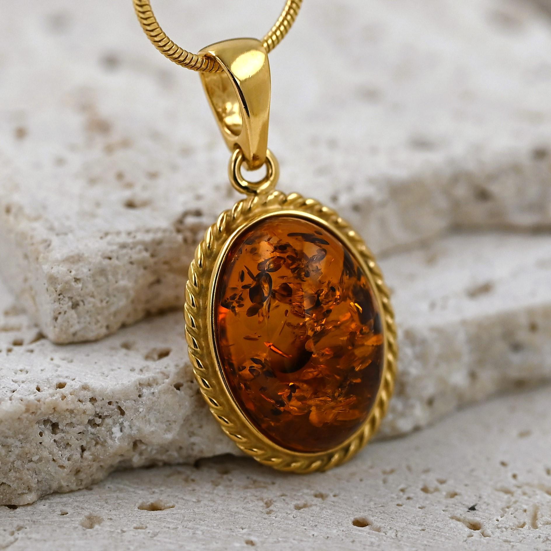 Pendentif AMBRE Jaune D’œuf – Perle D’ambre Naturelle, Monture Argent 925 Plaqué Or – Bijou Occasion « comme Neuf »