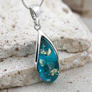 Blue Baltic Amber Pendant, Blue Stone Pendant, Small Amber Pendant, Sterling Silver, Amber & 925 Silver, Ocean Jewelry image 5