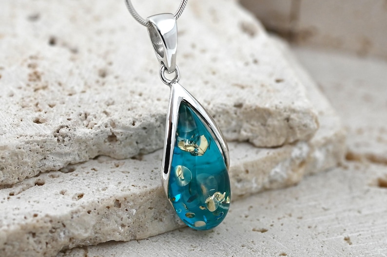 Blue Baltic Amber Pendant, Blue Stone Pendant, Small Amber Pendant, Sterling Silver, Amber & 925 Silver, Ocean Jewelry image 5