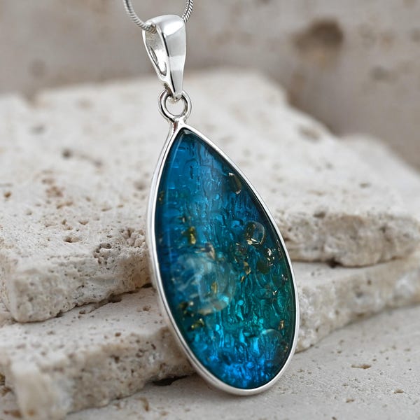 Blue Baltic Amber Pendant, Natural Blue Gemstone Necklace, Unique Navy Amber and Sterling Silver 925, Genuine Stone, Blue Amber Jewelry