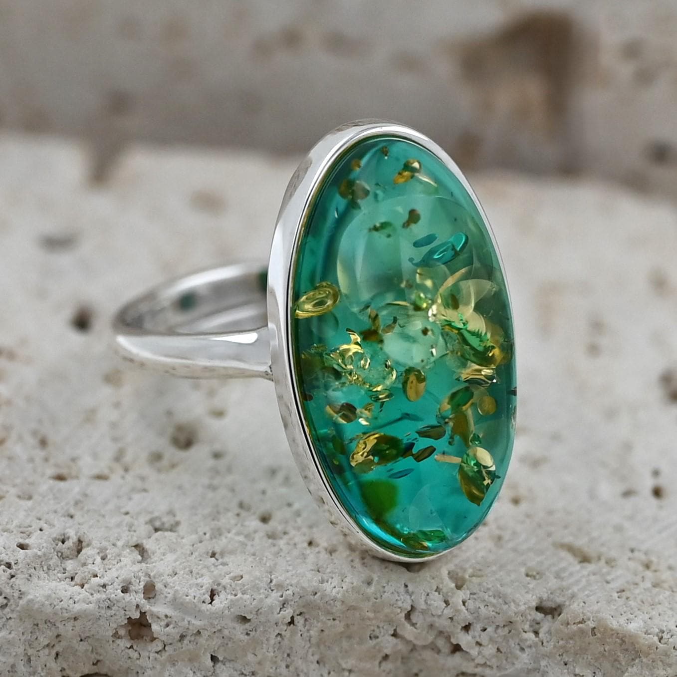 Baltic sea Blue Amber Ring, Sterling Silver 925, Blue Stone Ring, Sparkling Gemstone, Authentic Amber Jewelry, Adjustable Ring