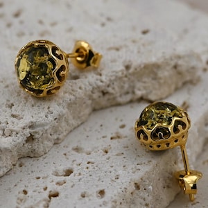 Aesthetic Green Baltic Amber Stud Earrings, Genuine Baltic Amber, Gold-plated Sterling Silver Jewelry, Green Stone Round Earrings with Gold