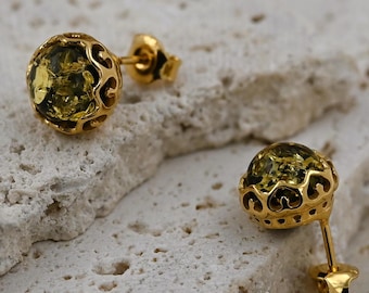 Aesthetic Green Baltic Amber Stud Earrings, Genuine Baltic Amber, Gold-plated Sterling Silver Jewelry, Green Stone Round Earrings with Gold