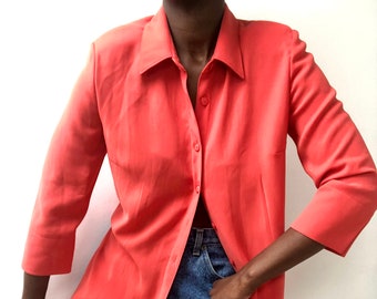 Lange Orange Button Up Bluse, UK14 EU42 US12, Coral Locker sitzende Casual Langarm-Shirt, helle bunte Sommer-Bluse mit seitlichen Splits