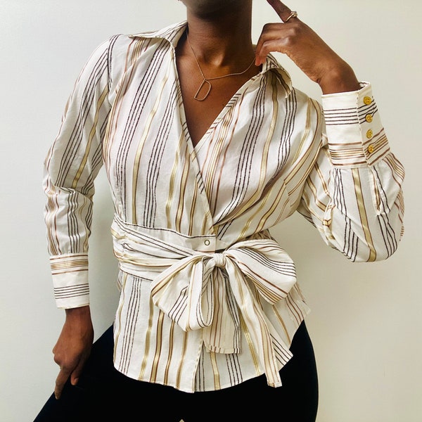 Gold Cream Striped Shirt, UK16 EU44 US14, Side Tie V Neck Collared Blouse, Metallic Elegant Sophisticated Party Blouse, Smart Pin Stripe Top