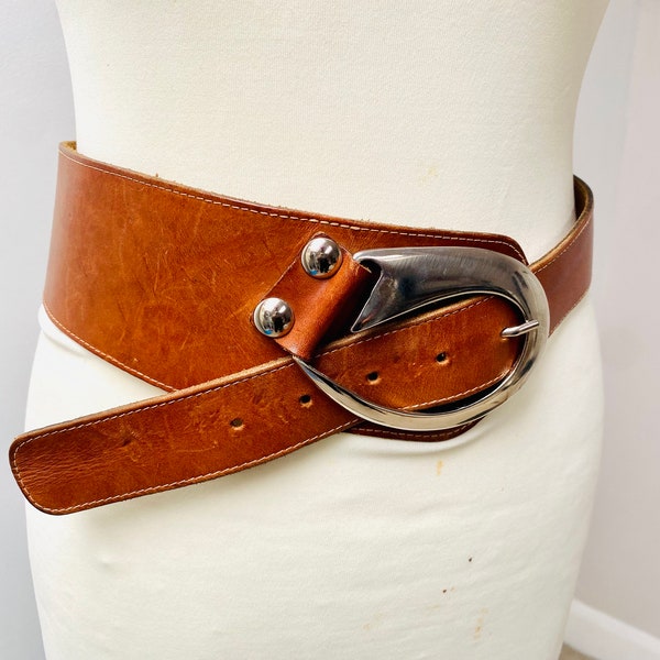 Tan Brown Silver Buckle Leather Belt, Large Unusual Chunky Silver Tone Hardware Buckle, Long Adjustable Genuine Real Leather Belt