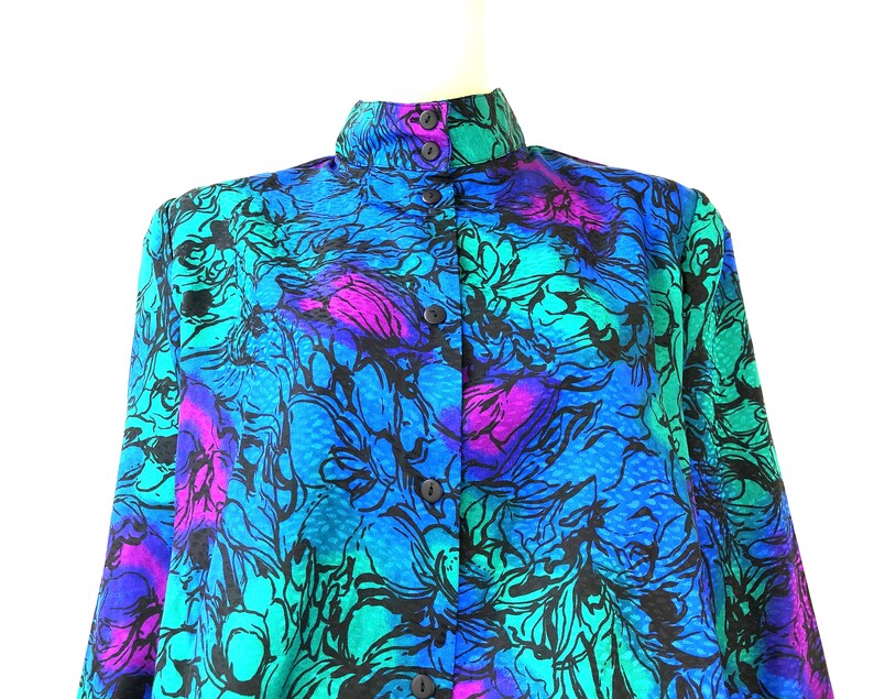 Funky Retro 80s Blue Green Purple Top UK12 EU40 US10 Groovy Psychedelic Blouse Long Sleeve Button Up Crazy Abstract Floral Print Shirt