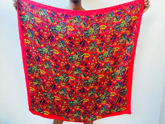 Red Abstract Floral Print Scarf, Bright Bold Mult… - image 3