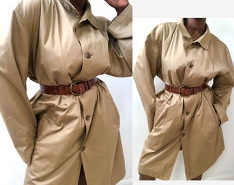 Oversize Long Tan Beige Rain Mac, Small Medium Large XL, Classic Minimalist Button Up Trench Coat, Baggy Back Split Plaid Check Wool Lining
