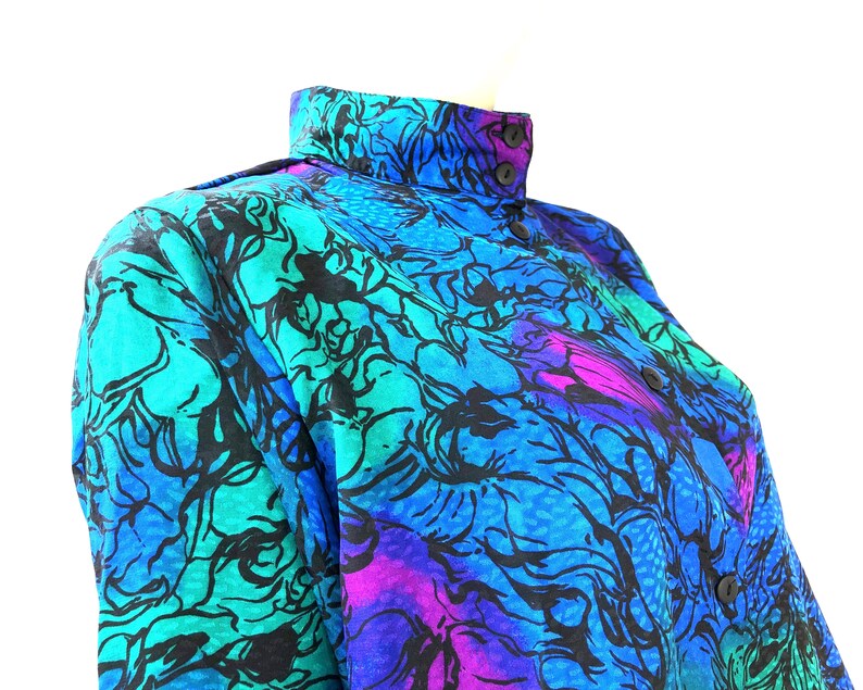 Funky Retro 80s Blue Green Purple Top UK12 EU40 US10 Groovy Psychedelic Blouse Long Sleeve Button Up Crazy Abstract Floral Print Shirt