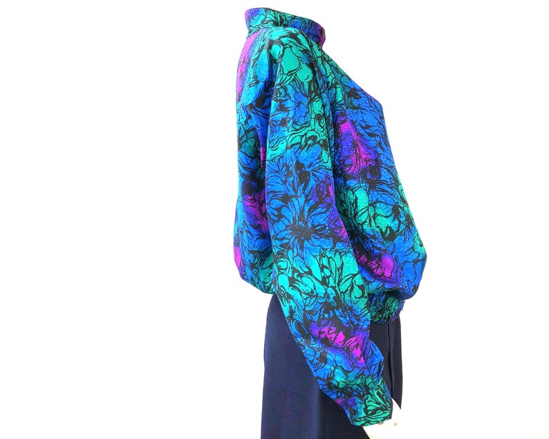 Funky Retro 80s Blue Green Purple Top UK12 EU40 US10 Groovy Psychedelic Blouse Long Sleeve Button Up Crazy Abstract Floral Print Shirt