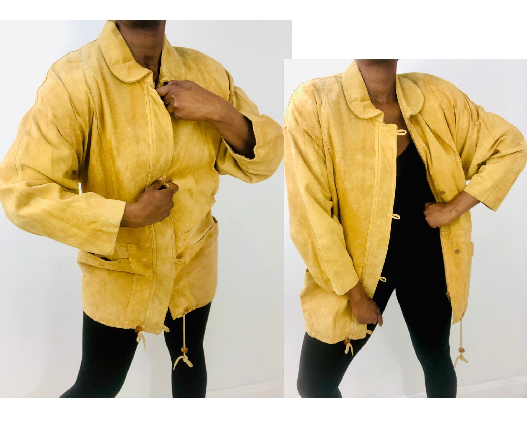 Camel Brown Tan Suede Leather Parka, Small Medium Large, Cool Oversize Slouchy Drawstring Jacket ...