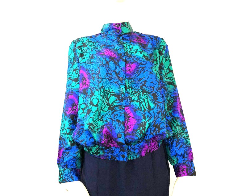Funky Retro 80s Blue Green Purple Top UK12 EU40 US10 Groovy Psychedelic Blouse Long Sleeve Button Up Crazy Abstract Floral Print Shirt