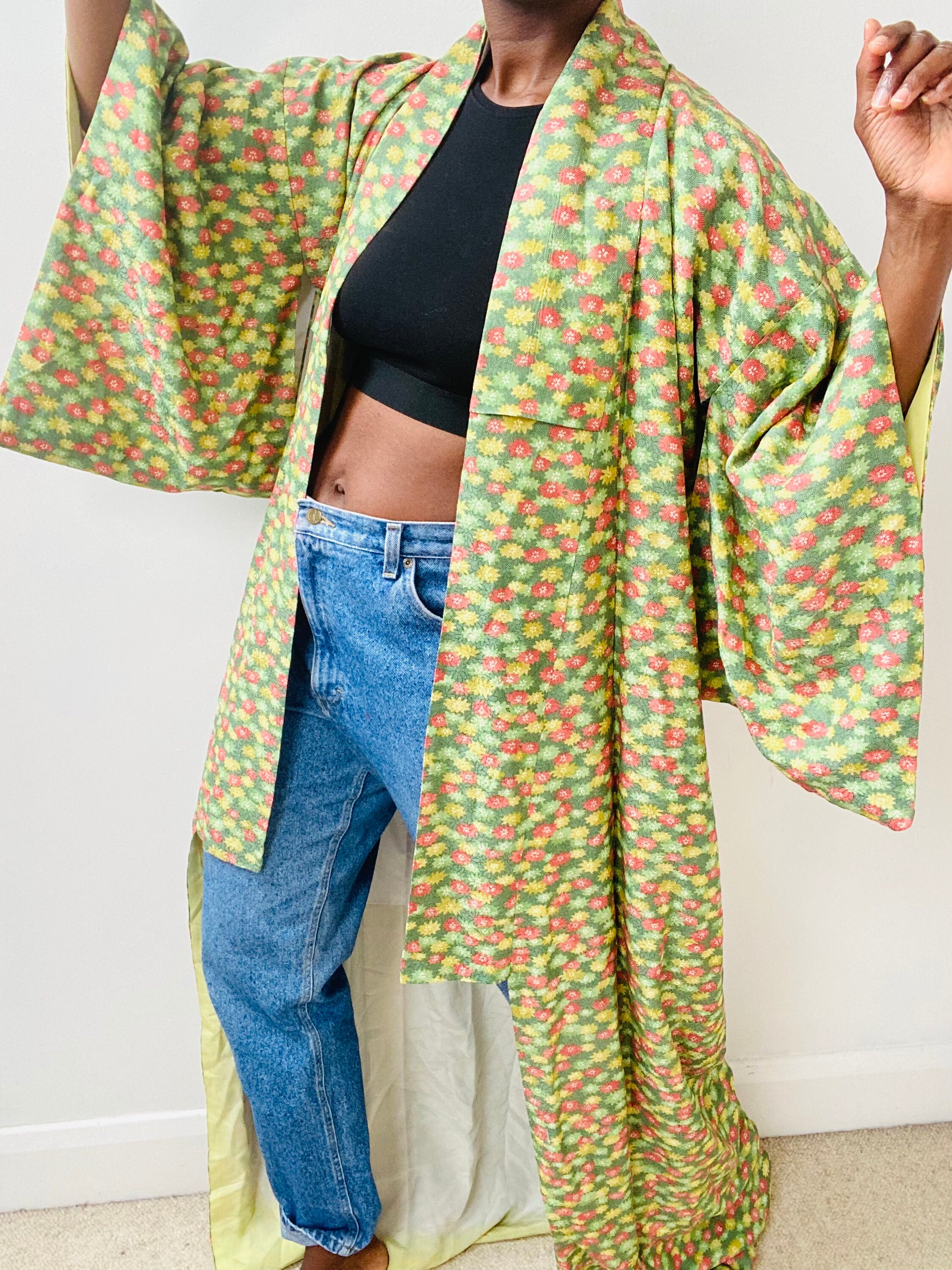 Green Floral Kimono, Long Dramatic Sleeves, Robe Duster Coat, Lime ...