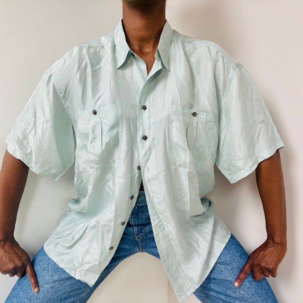 Green silky print button shirt /XL