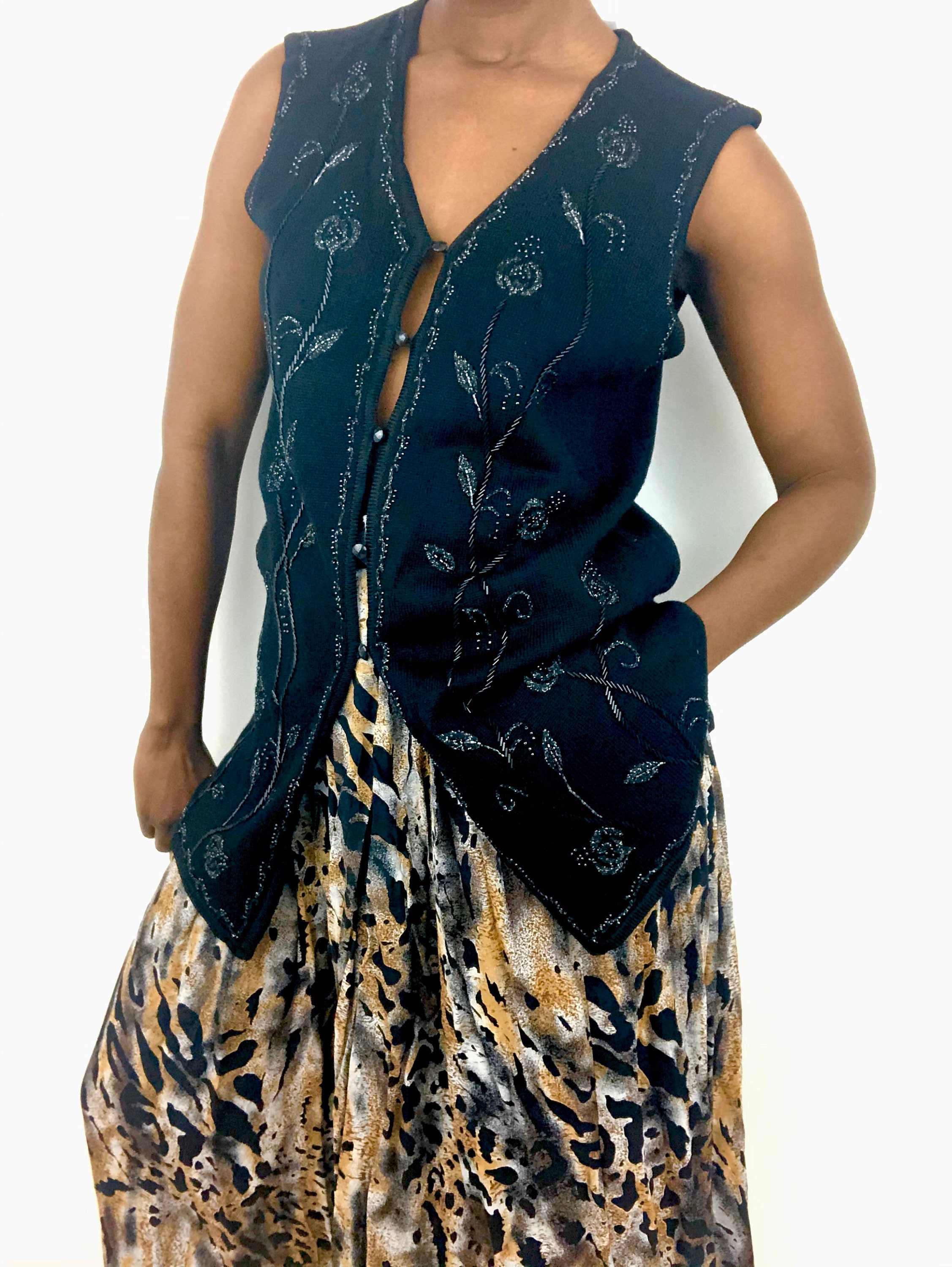 Image of Black Wool Beaded Vest, Uk Eu Us, Embroidered Long Sparkly Button Up Knitted Floral Waistcoat