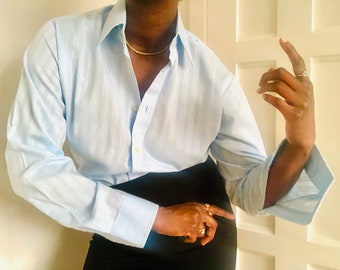 Pale Baby Pastel Light Blue Striped Button Up Shirt, Small Medium Large, Oversize Men's Baggy, Smart Shirt For Work, Shirt For Blazer