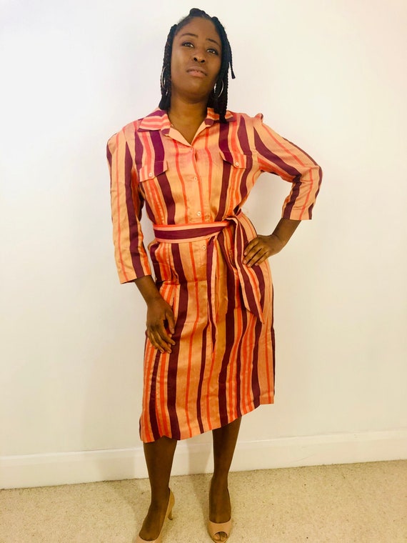 Burnt Orange Striped Silk Dress UK14 EU42 US12 Button up Shirt