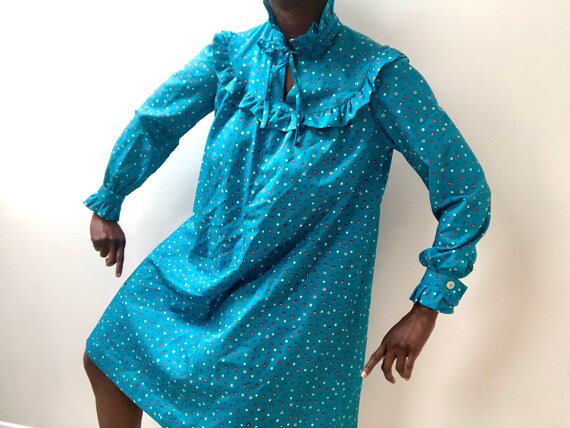 Dusty blue floral high neck frill hem shift dress discount