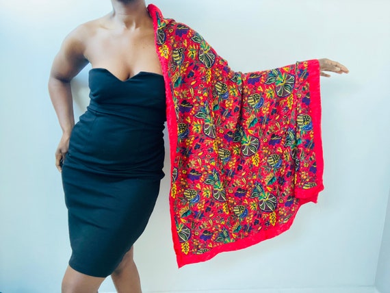 Red Abstract Floral Print Scarf, Bright Bold Mult… - image 2