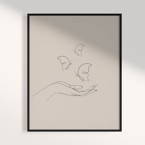 Hand Line Drawing, Printable Butterfly Line Art, Beige Wall Art Prints, Butterfly Poster, Abstract Butterfly Wall Art