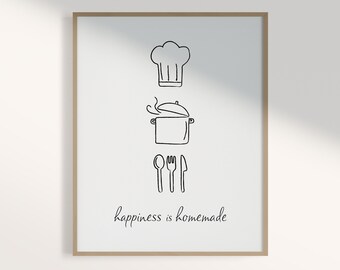 Impresión minimalista en blanco y negro: La felicidad es una cocina casera (descarga digital)