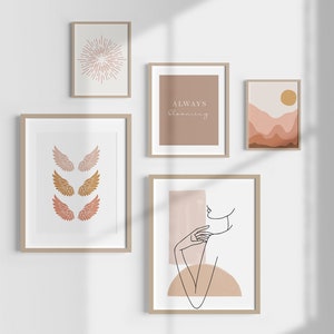 Boho Gallery Wall Art Set of 5 Prints, Terracotta Color Prints, Modern Boho Room Decor, Abstract Woman Line Art, Landscape Poster Bundle
