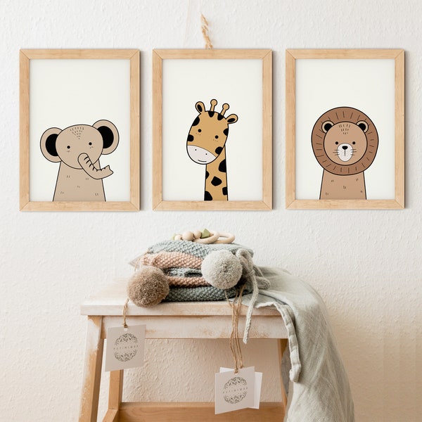 Kids Room Animal Prints: Giraffe, Elephant, Lion Set (Digital Download)