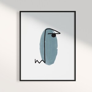 以下が含まれることがあります： 黒い線と黒い円が描かれた青い楕円形のミニマルな抽象的なアートプリント。楕円形は下から波打つ黒い線が出ています。
