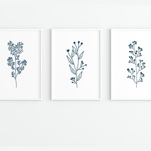 Navy Blue Wall Art, Indigo Blue Botanical Prints, Printable Set of 3 Prints, Botanical Posters, Botanical Print Set, Printable Wall Art