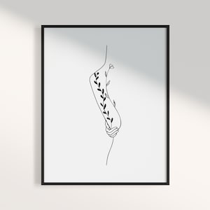 Printable Line Art Print, Black and White Wall Art, Woman and Botanical Line Art, Abstract Print, Minimal Wall Decor, Female Poster